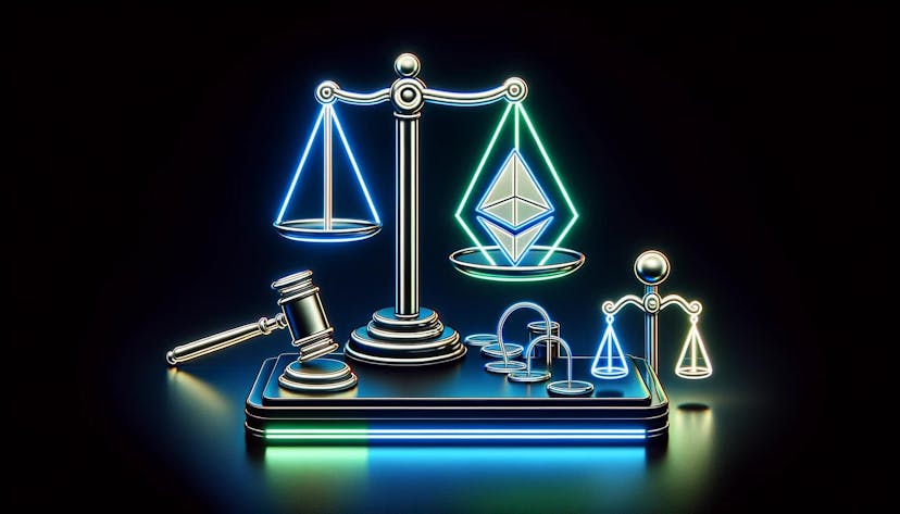 a gavel and a balance scale, along with stylized icons of Ethereum
